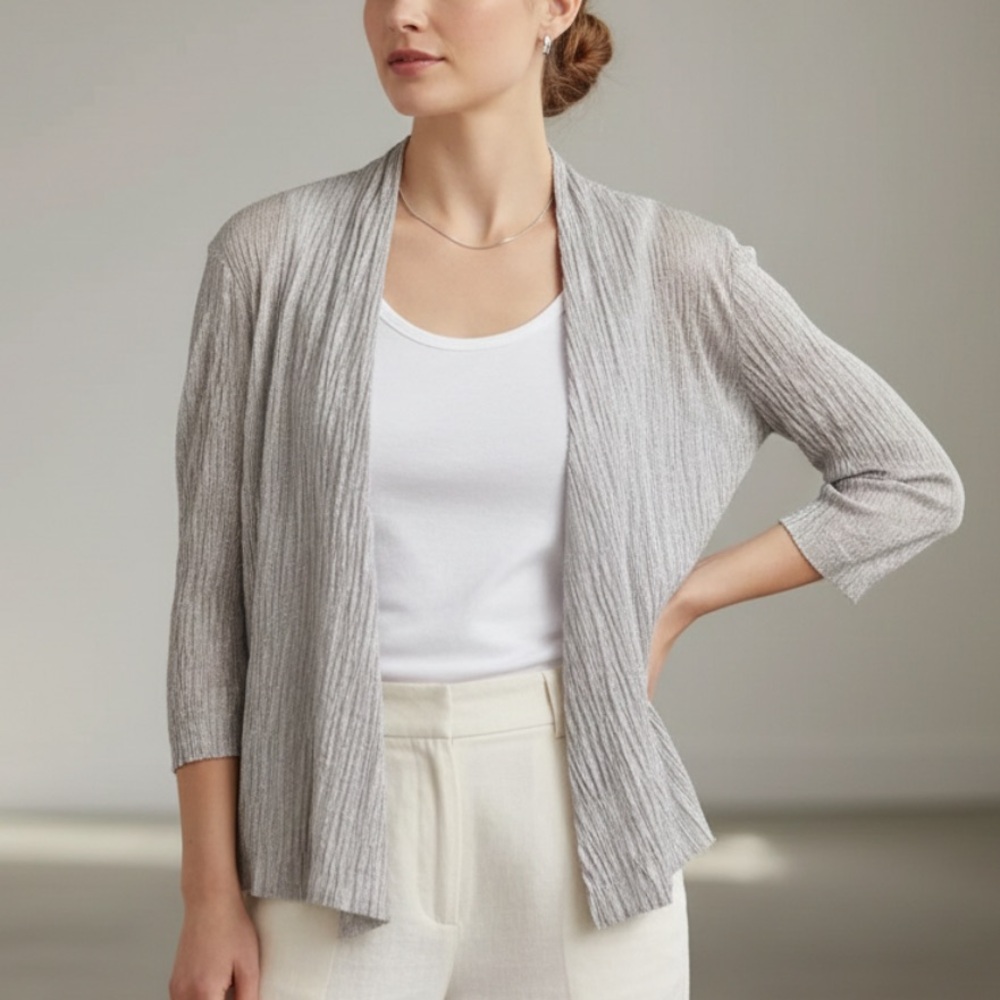 Eileen Fisher Open Front Gray Crinkle-knit Waterfall 3/4 Sleeve Cardigan Size XL